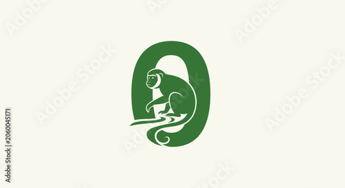 Green Monkey Silhouette Inside Letter O Design.