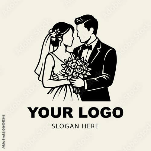Vintage engraving style wedding couple logo. Monochrome vector illustration of a bride holding a bouquet and a groom looking at each other.