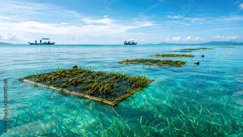Seaweed farming on floating frames in clear tropical ocean water