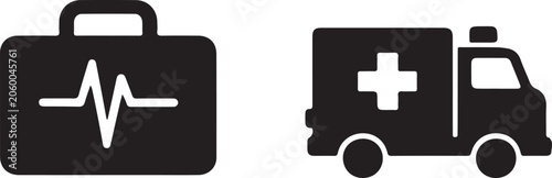 Black and white medical ambulance and first aid kit icon set for healthcare design