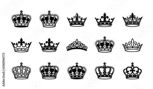 Fotografie Collection of black silhouette crowns royal headwear vector set