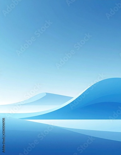 Abstract blue landscape with smooth rolling dunes and soft gradient sky, tranquil serenity, peaceful horizon