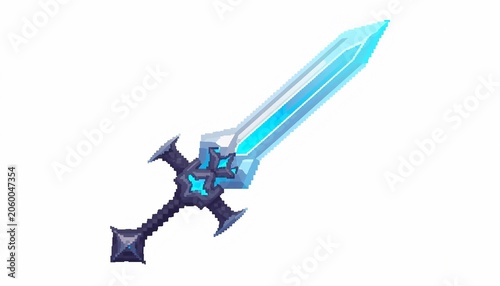 3D rendered high-quality fantasy sword with glowing blue blade.