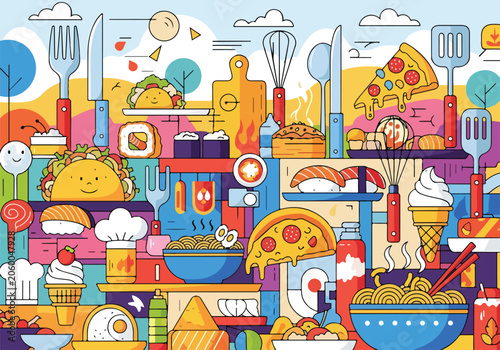 A vibrant cartoon kitchen scene with food