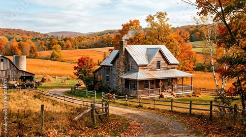 Rustic Farmhouse Surrounded by Vibrant Autumn Foliage and Golden Fields on a Scenic Countryside Estate