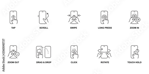 Tablou pe pânză Smartphone gesture icons tap scroll swipe long press zoom in zoom out drag drop