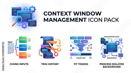 Artificial Intelligence Data Processing and Token Management Conceptual Icon Set for LLM Software Development