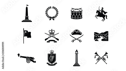 Bild auf Leinwand Military warfare icons depicting monuments wreaths drums horses flags swords and armor