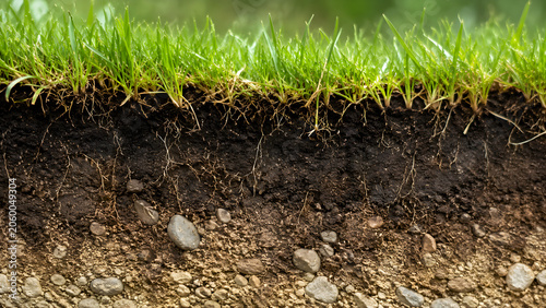 Cross section of green grass showing soil layers and roots