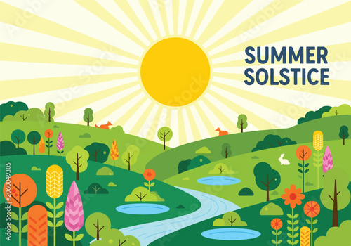 A vibrant cartoon landscape celebrating summer solstice