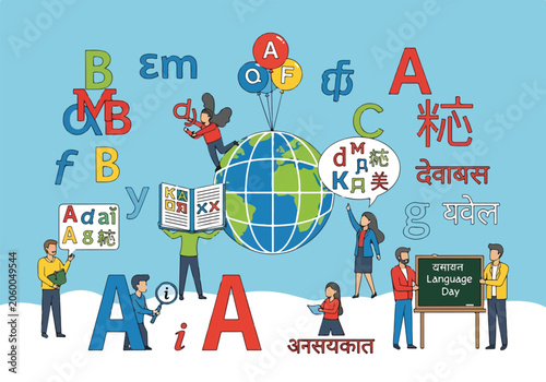 Photos Colorful illustration of people learning languages around globe