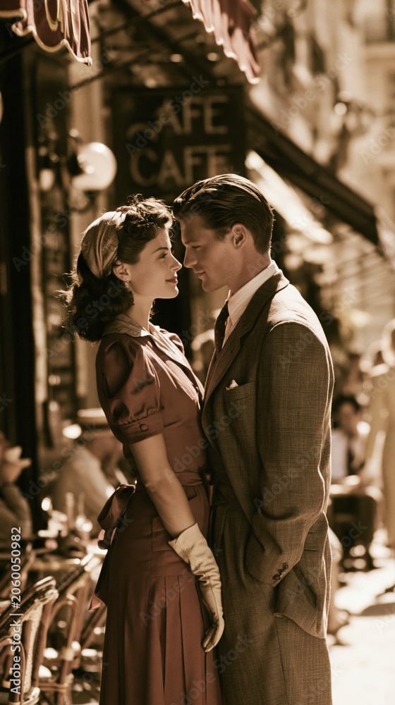 Obraz premium Paris France Europe lifestyle. A vintagestyle photograph captures a man and woman in a candid moment in an outdoor cafe. The woman, wearing a brown dress with a bow, has her hair styled in an updo.
