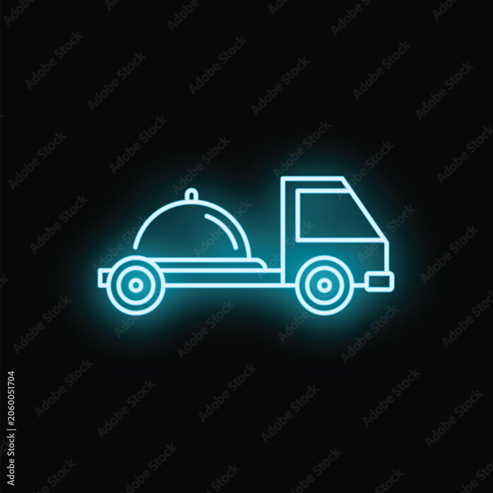 Naklejka premium Food delivery truck glowing with blue neon line art on a dark background