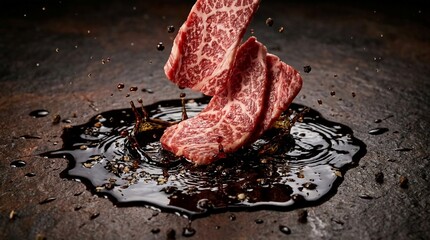Raw marbled beef steaks splashing into dark sauce on a textured surface, dynamic food photography
