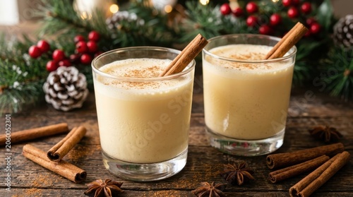 Creamy Eggnog with Cinnamon Garnish in Glasses on Rustic Wood Table with Festive Holiday Background