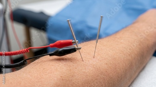 Electroacupuncture treatment using needles with attached electrical stimulation wires on a patient's arm