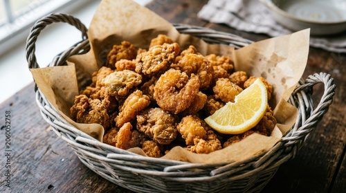 Crispy Fried Shrimp Served in a Wicker Basket with Lemon Wedge and Brown Paper Lining