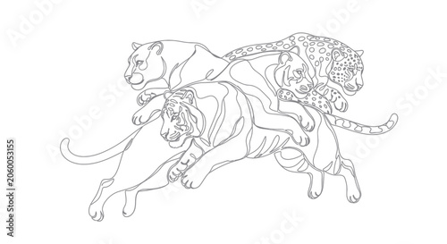 Photography Group of wild cats running in minimalist continuous line art