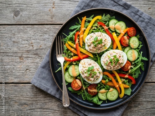 Fresh and healthy stuffed egg salad with mixed vegetables served on a dark plate with fork