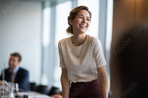 Poised business woman manager portrait, persuasive lawyer executive, confident leader in luxury corporate office, negotiation table, teamwork success