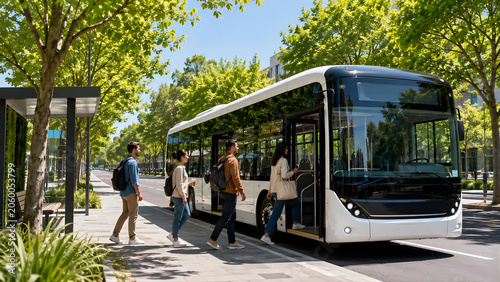 People boarding a modern electric bus at a green city stop