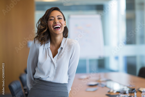 Businesswoman team leader smiling in modern office, confident female CEO guiding diverse startup meeting, lawyer manager, glass boardroom, agile teamwork