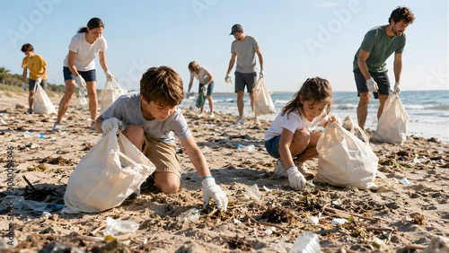 Diverse group of volunteers cleaning up plastic waste on a beach