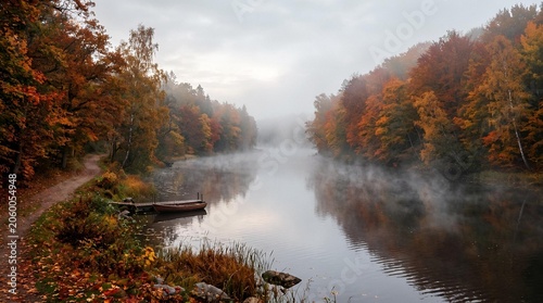 Breathtaking Autumn Landscape Featuring a Misty River Surrounded by Vibrant Fall Foliage and a Serene Woodland Path at Sunrise