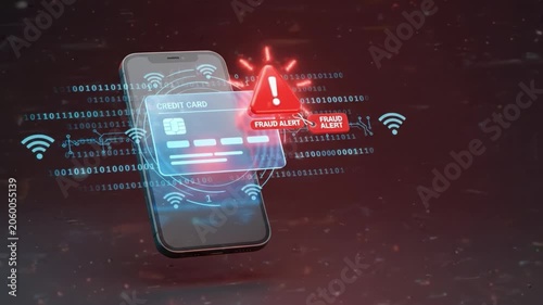 Mobile phone credit card fraud alert digital security wireless network data protection cybersecurity online transaction technology internet safety communication electronic device virtual interface