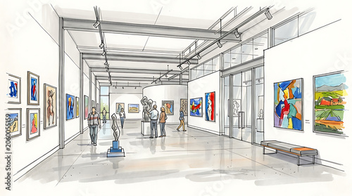 Modern art gallery interior showcasing diverse colorful paintings and visitors engaging with artworks in a spacious, well-lit