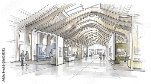 Futuristic indoor exhibition hall with flowing wooden ceiling design and visitors exploring display stations in a modern