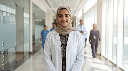 Smiling Muslim female doctor in hijab and white coat standing in a modern hospital hallway