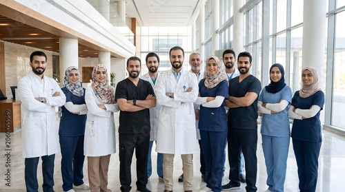 Diverse Middle Eastern medical team smiling in modern hospital lobby setting