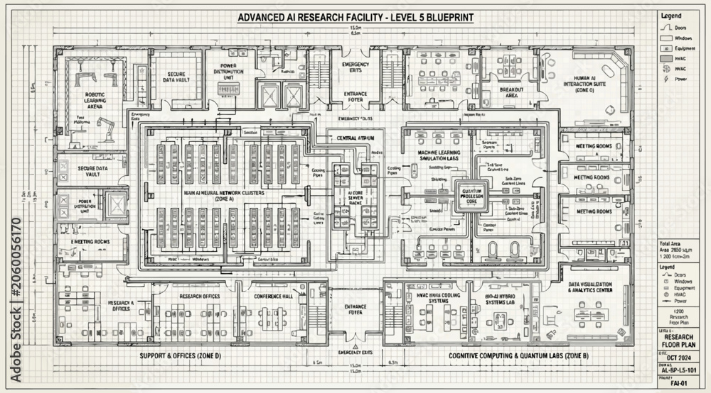 Fototapeta premium Advanced ai research facility level 4 floor plan blueprint