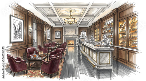 Elegant vintage-style bar interior showcasing warm lighting and classic furniture with bartenders serving drinks in a