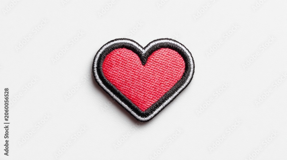 Fototapeta premium Embroidered red heart patch with black and white border on a white background