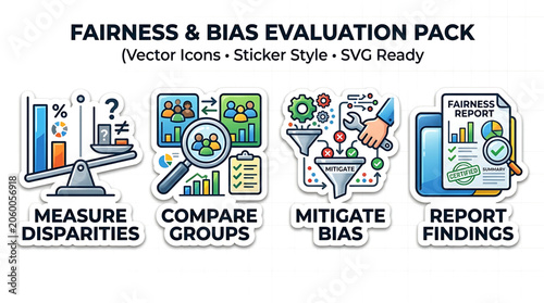 Vector graphics illustrate fairness and bias evaluation process icons with measure disparities, compare groups, mitigate bias, and report findings.