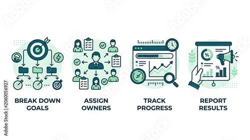 A business workflow process with icons and people interacting in an office setting with graphs and a target on a screen and a hand