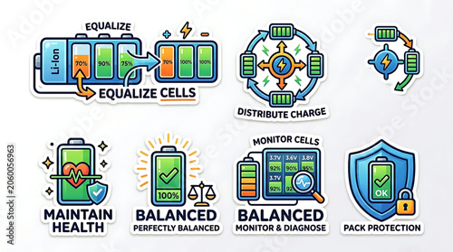 The infographic illustrates various battery management icons for technology and industry applications.