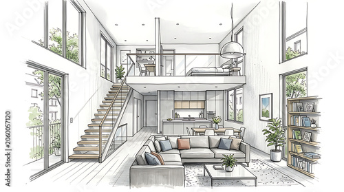 Modern open-plan living area with a mezzanine and panoramic windows showcasing greenery