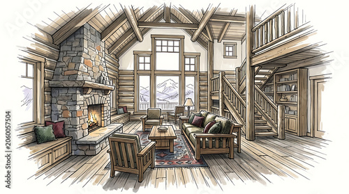 Cozy rustic cabin living room with large windows and stone fireplace showcasing warm comfortable interior design elements