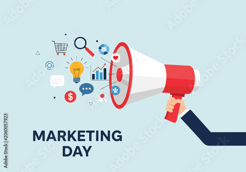Marketing day concept with megaphone and icons