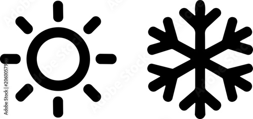 Sun and snowflake icons representing hot and cold weather, temperature contrast