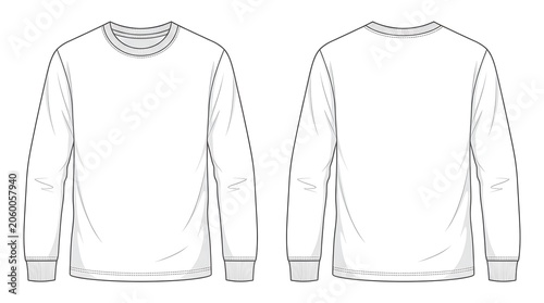 Front and back view of a white long sleeve tshirt with ribbed cuffs, vector fashion illustration template isolated on white background