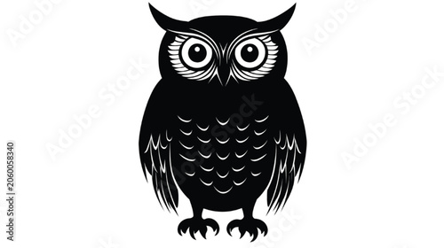 Owl illustration displays a symmetrical front-facing posture in a clean black and white aesthetic.
