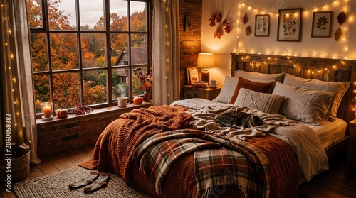 Cozy Autumn Bedroom Retreat with Warm String Lights and Rustic Fall Foliage View