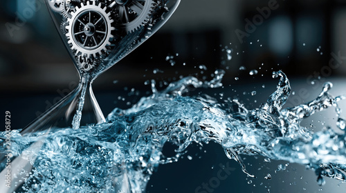 Futuristic hourglass metal gear flowing water liquid splash time concept abstract motion blue color industrial design sci fi art surreal scene dynamic futuristic hourglass with metal gear