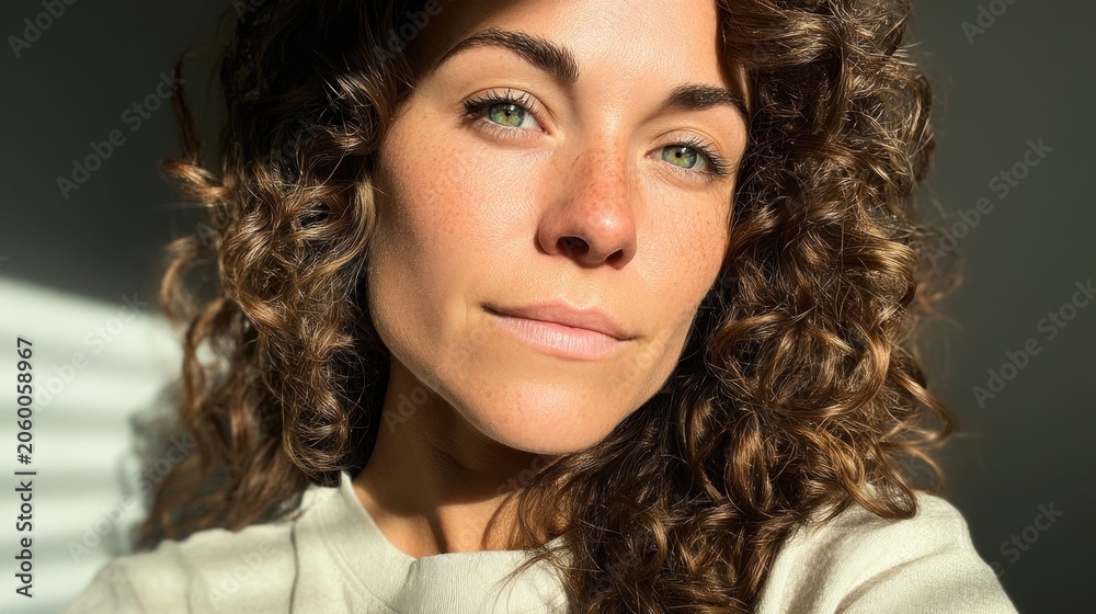Naklejka premium Close-up portrait of a woman with curly brown hair and green eyes bathed in sunlight