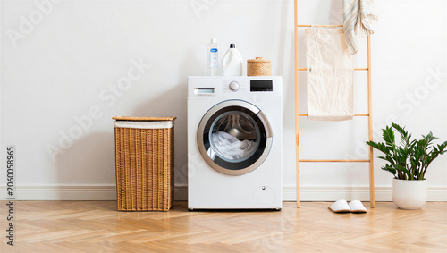 Konstfotografi Minimalist laundry room design with modern washer and wicker hamper on wood floo