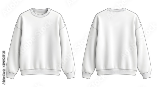 Front and back view of a blank white sweatshirt isolated on white background